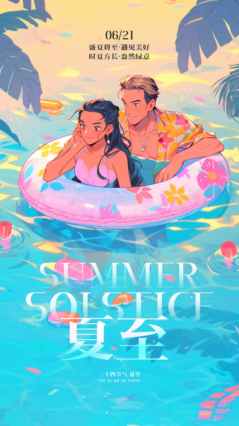 卡通插画夏日泳池情侣夏至节气海报,设计模板,设计模板大全,设计模板下载